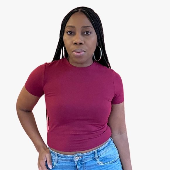 (NWT) Short Sleeve Double Layer / Long Crop Top - Burgundy - Picture 1 of 3